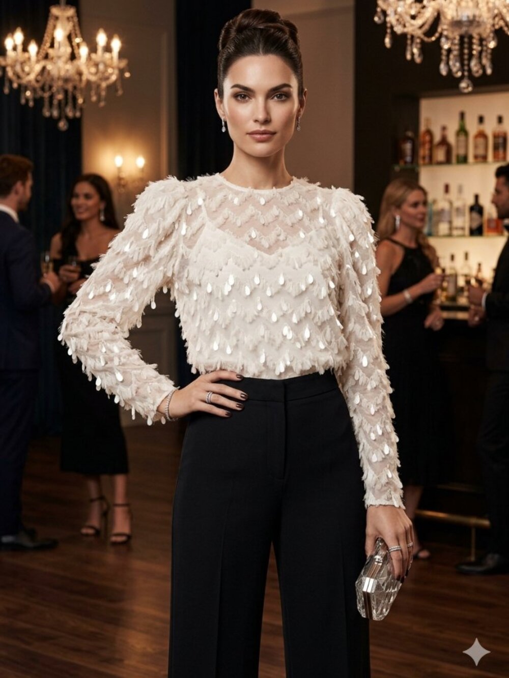 Zara Ivory Sequin Feather-Effect Long Sleeve Blouse